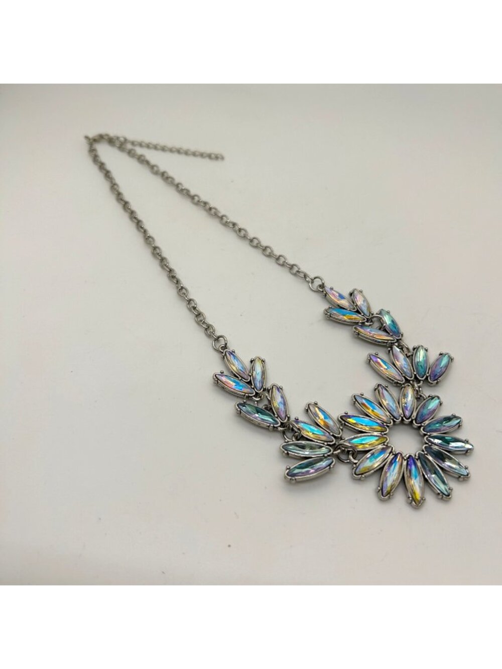 Iridescent Marquise Acrylic Stones Silver Leaf Statement Bib Necklace